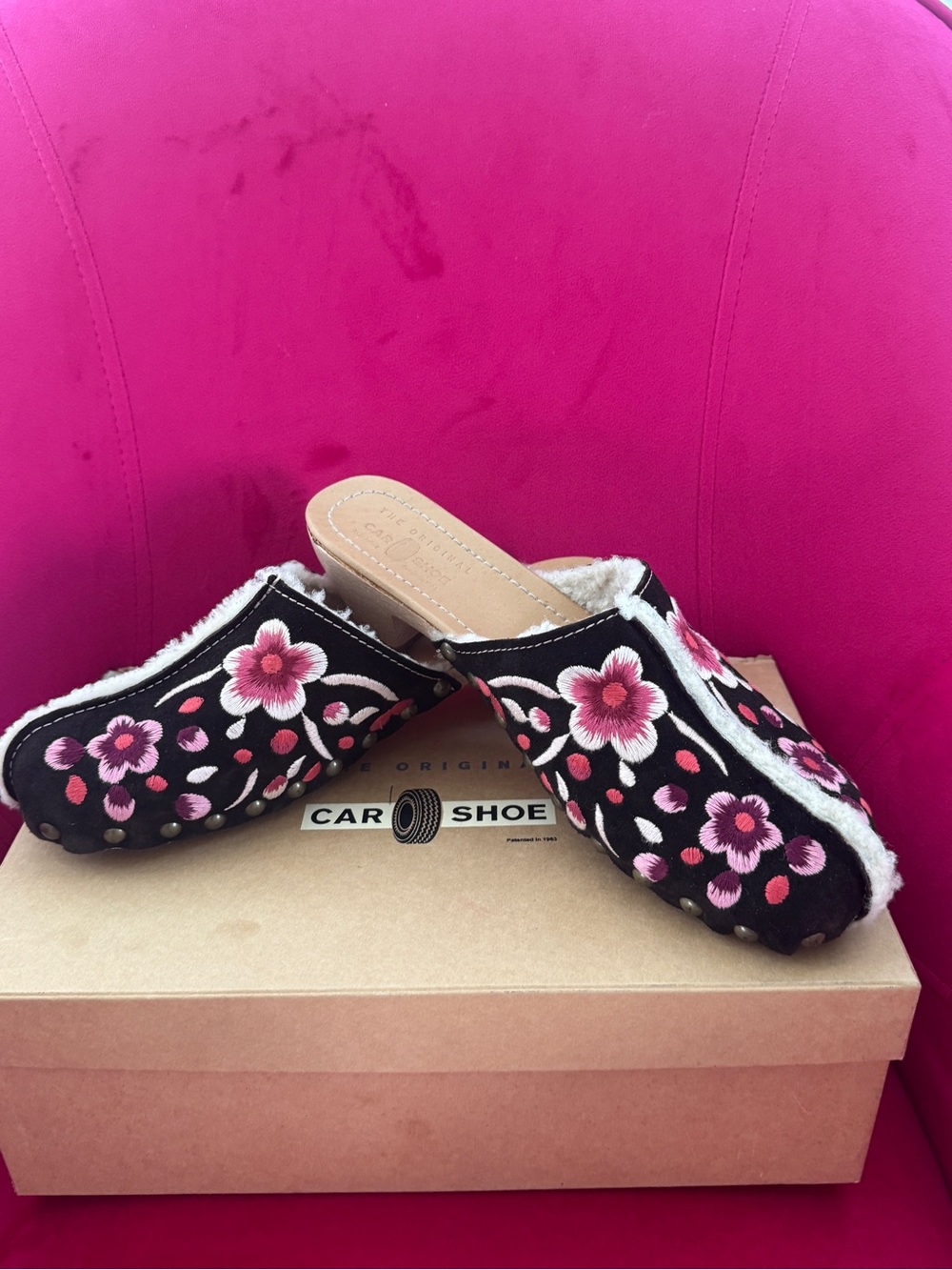The Original Car Shoe by Prada -Black Clogs with Pink and White Floral Embroider